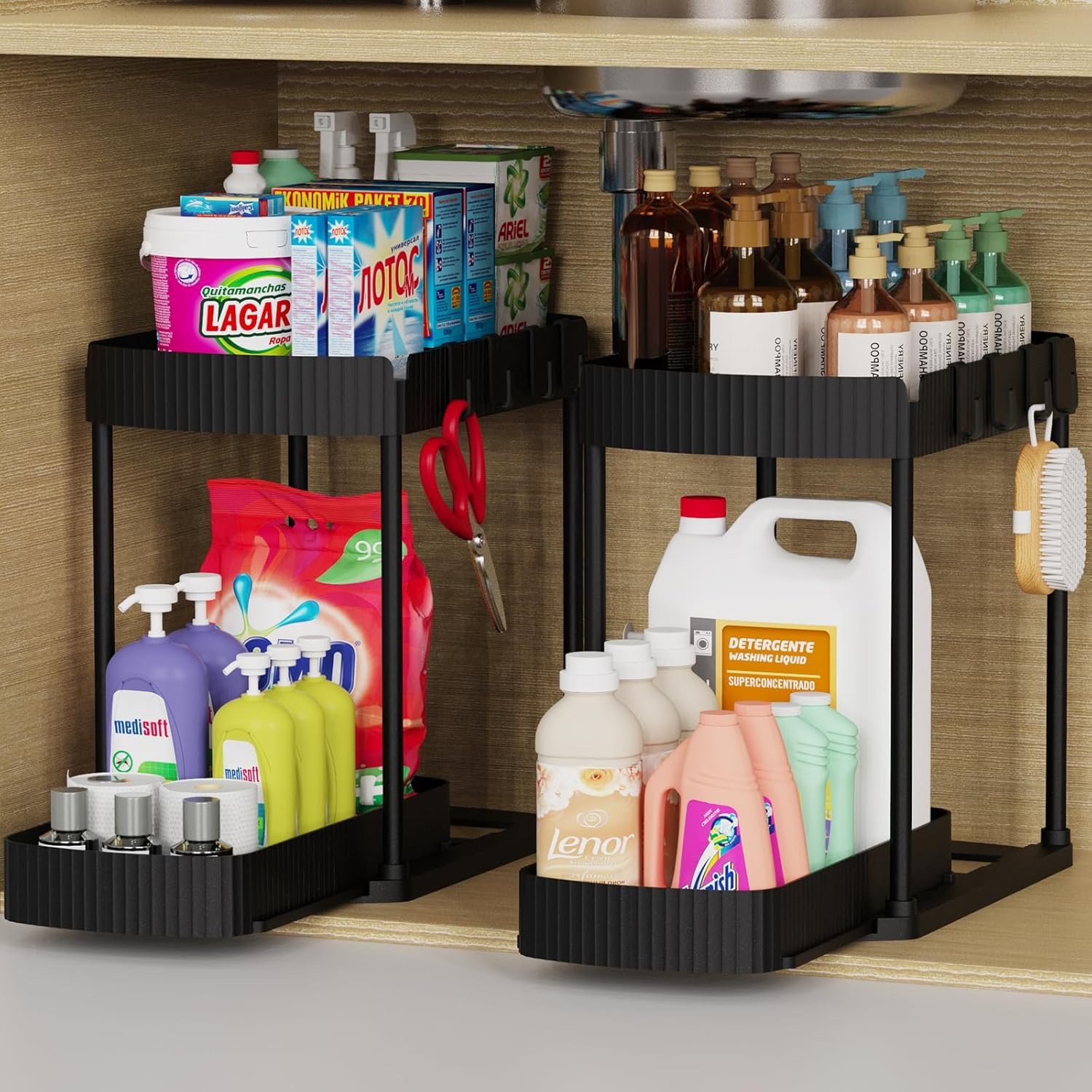 Paquete de 2 organizadores de almacenamiento extraíbles multiusos, organizadores para debajo del fregadero y almacenamiento para baño y cocina, organizadores y almacenamiento debajo del