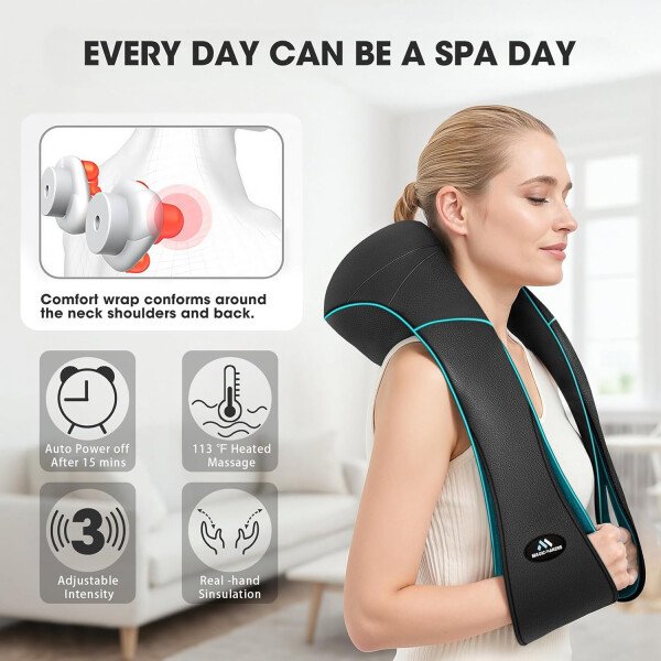 Masajeador de hombros con calor para cuello y espalda, eléctrico, masaje para cuello, espalda, hombro, cintura, pie, masaje completo Shiatsu, regalo de relajación para él, ella, amigo, padre, mamá - Imagen 4