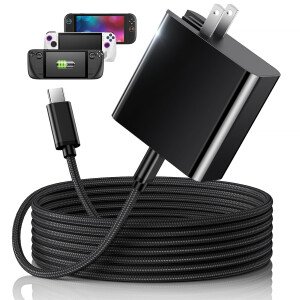 Cargador rápido de 65 W para Steam Deck, Nintendo Switch 2 y ROG Ally, adaptador de CA plegable PD3.0 con cable USB C de 6.6 pies, cargador Switch 2 compatible con base de TV, consola PS [reemplazo