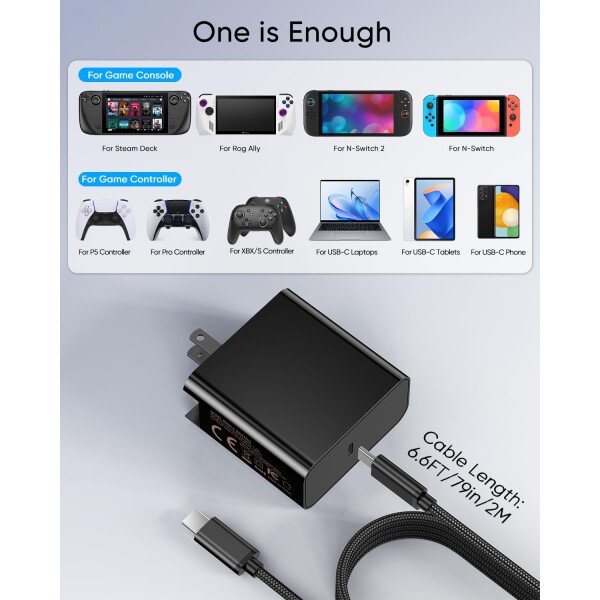 Cargador rápido de 65 W para Steam Deck, Nintendo Switch 2 y ROG Ally, adaptador de CA plegable PD3.0 con cable USB C de 6.6 pies, cargador Switch 2 compatible con base de TV, consola PS [reemplazo - Imagen 4
