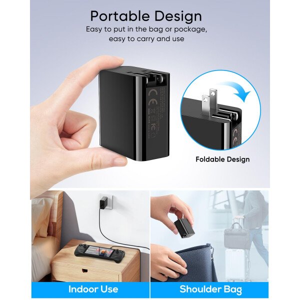 Cargador rápido de 65 W para Steam Deck, Nintendo Switch 2 y ROG Ally, adaptador de CA plegable PD3.0 con cable USB C de 6.6 pies, cargador Switch 2 compatible con base de TV, consola PS [reemplazo - Imagen 5