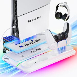 Soporte PS5/Slim/Pro y estación de enfriamiento PS5 con cargador de controlador dual ventilador de 3 niveles, 3 concentradores USB, unidad de carga rápida 9 RGB duro ligero delgado soporte para todos
