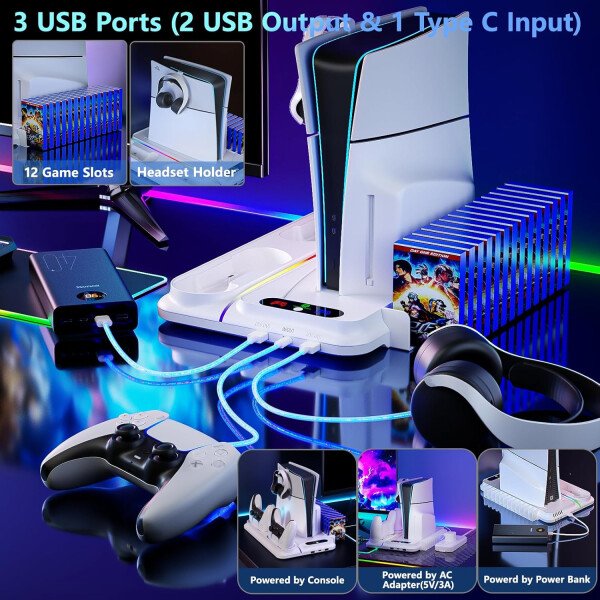 Soporte PS5/Slim/Pro y estación de enfriamiento PS5 con cargador de controlador dual ventilador de 3 niveles, 3 concentradores USB, unidad de carga rápida 9 RGB duro ligero delgado soporte para todos - Imagen 2