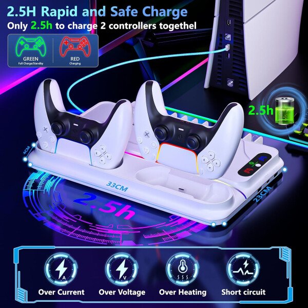Soporte PS5/Slim/Pro y estación de enfriamiento PS5 con cargador de controlador dual ventilador de 3 niveles, 3 concentradores USB, unidad de carga rápida 9 RGB duro ligero delgado soporte para todos - Imagen 3
