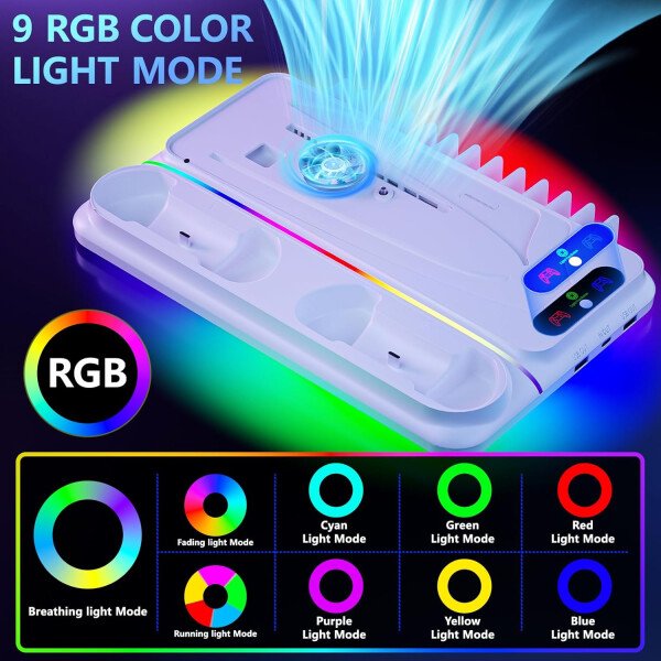 Soporte PS5/Slim/Pro y estación de enfriamiento PS5 con cargador de controlador dual ventilador de 3 niveles, 3 concentradores USB, unidad de carga rápida 9 RGB duro ligero delgado soporte para todos - Imagen 4