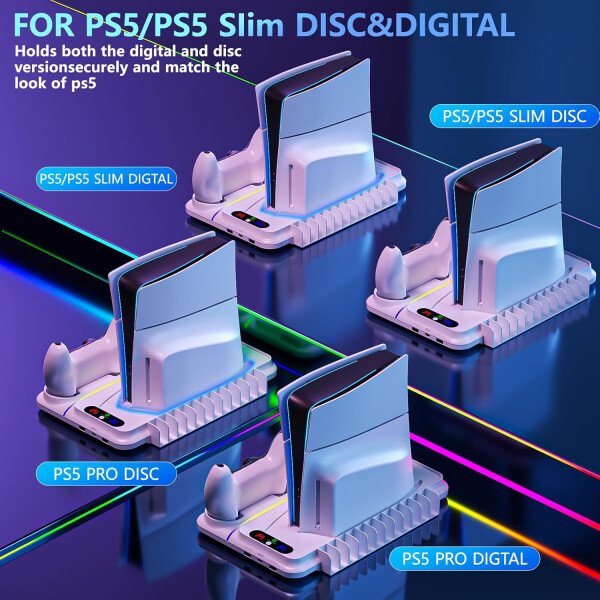 Soporte PS5/Slim/Pro y estación de enfriamiento PS5 con cargador de controlador dual ventilador de 3 niveles, 3 concentradores USB, unidad de carga rápida 9 RGB duro ligero delgado soporte para todos - Imagen 5