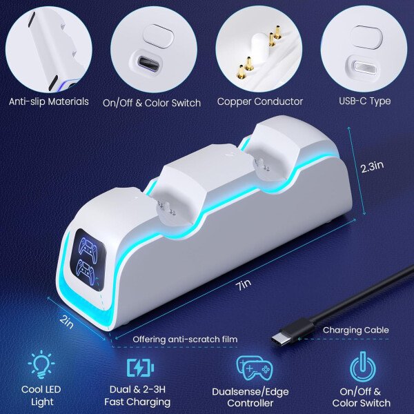 PS5 Controller Charger,PlayStation Charging Dock for PlayStation 5 Dualsense Edge with 6 LED & RGB Mode,Overcharge Protection Controller Charging Station for PlayStation 4 Accessories Cooling System - Imagen 5