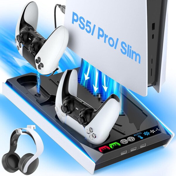 Estación de enfriamiento PS5/Slim/Pro con turbofán automático y velocidad de 3 niveles, soporte PS5, estación de ventilador de refrigeración con cargador de controlador, estación de carga para todas