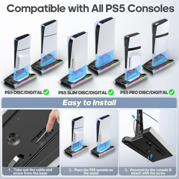 Estación de enfriamiento PS5/Slim/Pro con turbofán automático y velocidad de 3 niveles, soporte PS5, estación de ventilador de refrigeración con cargador de controlador, estación de carga para todas - Imagen 2