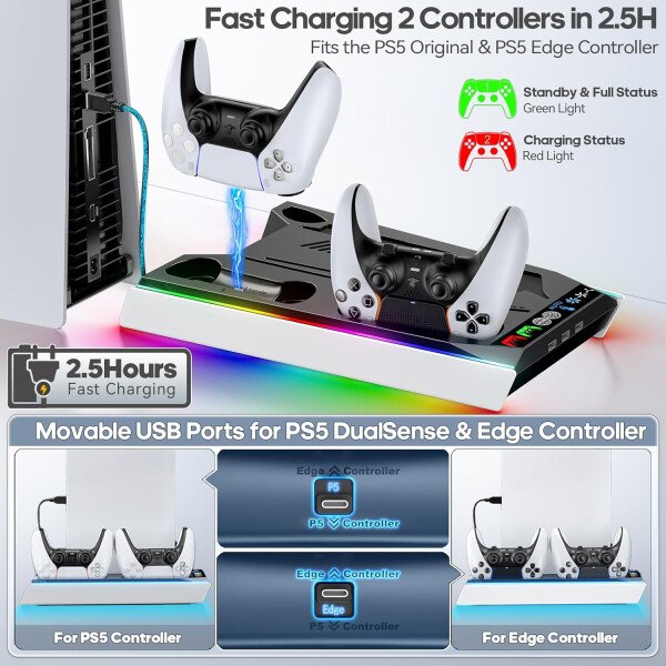 Estación de enfriamiento PS5/Slim/Pro con turbofán automático y velocidad de 3 niveles, soporte PS5, estación de ventilador de refrigeración con cargador de controlador, estación de carga para todas - Imagen 4