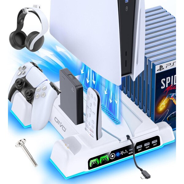 PS5/Slim/Pro Stand and Cooling Station with LED Controller Charging Station for PlayStation 5 Console, Controller Charger, Cooling Stand, PS5/Slim/Pro Accessories Kit with 3 Level Cooler Fan