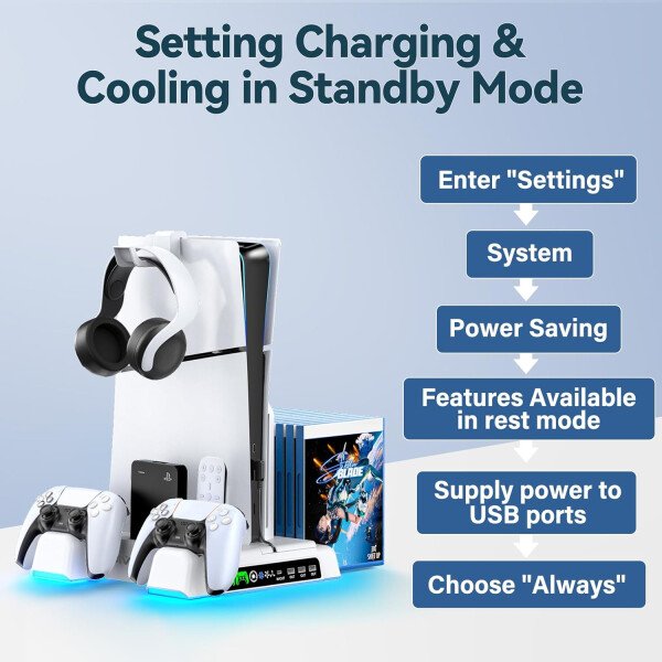PS5/Slim/Pro Stand and Cooling Station with LED Controller Charging Station for PlayStation 5 Console, Controller Charger, Cooling Stand, PS5/Slim/Pro Accessories Kit with 3 Level Cooler Fan - Imagen 6