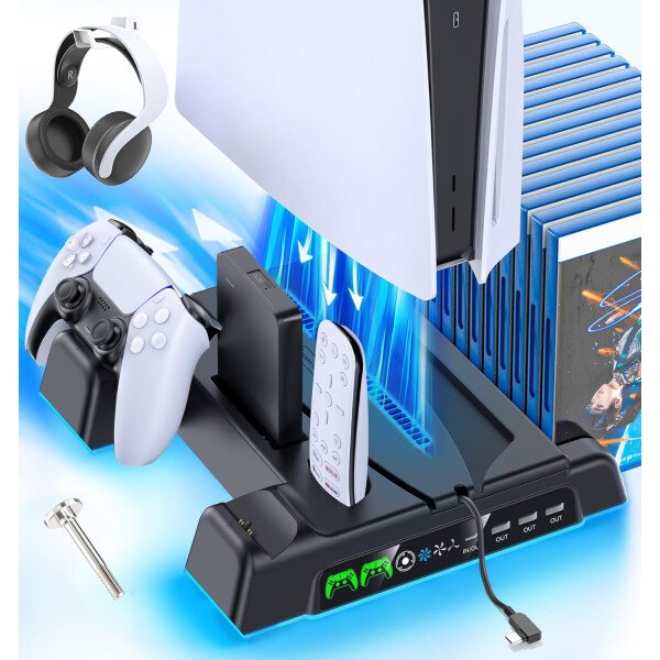 PS5/Slim/Pro Stand and Cooling Station with LED Controller Charging Station for PlayStation 5 Console, Controller Charger, Cooling Stand, PS5/Slim/Pro Accessories Kit with 3 Level Cooler Fan - Imagen 8
