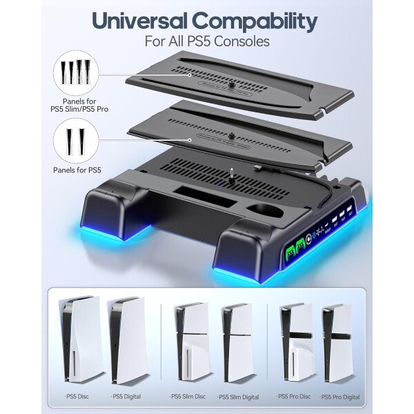 PS5/Slim/Pro Stand and Cooling Station with LED Controller Charging Station for PlayStation 5 Console, Controller Charger, Cooling Stand, PS5/Slim/Pro Accessories Kit with 3 Level Cooler Fan - Imagen 9