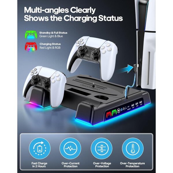 PS5/Slim/Pro Stand and Cooling Station with LED Controller Charging Station for PlayStation 5 Console, Controller Charger, Cooling Stand, PS5/Slim/Pro Accessories Kit with 3 Level Cooler Fan - Imagen 10