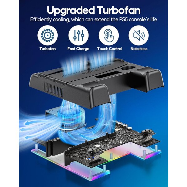 PS5/Slim/Pro Stand and Cooling Station with LED Controller Charging Station for PlayStation 5 Console, Controller Charger, Cooling Stand, PS5/Slim/Pro Accessories Kit with 3 Level Cooler Fan - Imagen 11