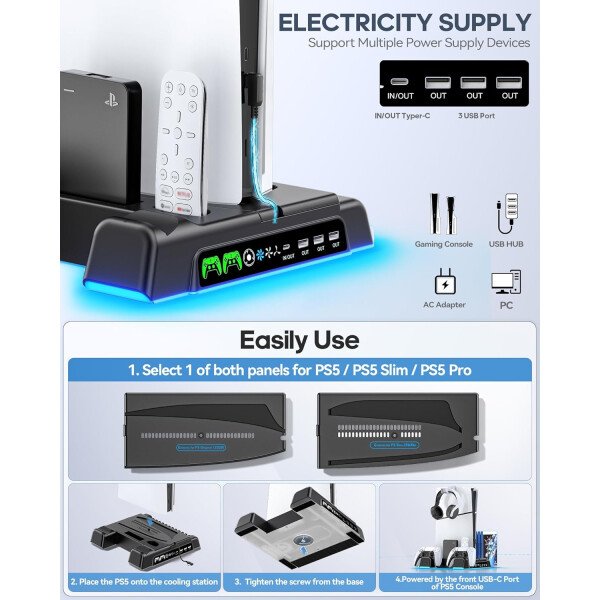 PS5/Slim/Pro Stand and Cooling Station with LED Controller Charging Station for PlayStation 5 Console, Controller Charger, Cooling Stand, PS5/Slim/Pro Accessories Kit with 3 Level Cooler Fan - Imagen 12