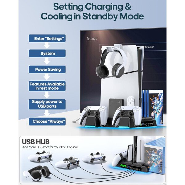 PS5/Slim/Pro Stand and Cooling Station with LED Controller Charging Station for PlayStation 5 Console, Controller Charger, Cooling Stand, PS5/Slim/Pro Accessories Kit with 3 Level Cooler Fan - Imagen 13