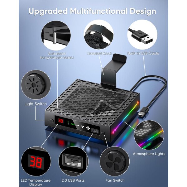 [LED Display] - Auto Cooling Fan for Xbox Series X with 9 RGB Light Modes, Cooling System Adjustable by Temperature with 4 Gears for Xbox Series X Console,Cooler & Light Switch,Headset Hook,USB Port - Imagen 6