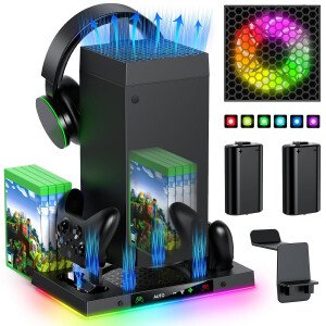 Ventilador de refrigeración automática y soporte de carga para consola Xbox Series X con 15 modos de luz, base de carga dual inalámbrica para controlador XSX, 2 baterías recargables, soporte para
