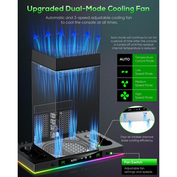 Ventilador de refrigeración automática y soporte de carga para consola Xbox Series X con 15 modos de luz, base de carga dual inalámbrica para controlador XSX, 2 baterías recargables, soporte para - Imagen 2