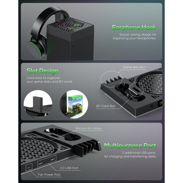 Ventilador de refrigeración automática y soporte de carga para consola Xbox Series X con 15 modos de luz, base de carga dual inalámbrica para controlador XSX, 2 baterías recargables, soporte para - Imagen 4