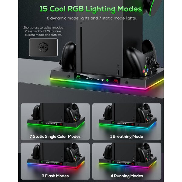 Ventilador de refrigeración automática y soporte de carga para consola Xbox Series X con 15 modos de luz, base de carga dual inalámbrica para controlador XSX, 2 baterías recargables, soporte para - Imagen 6