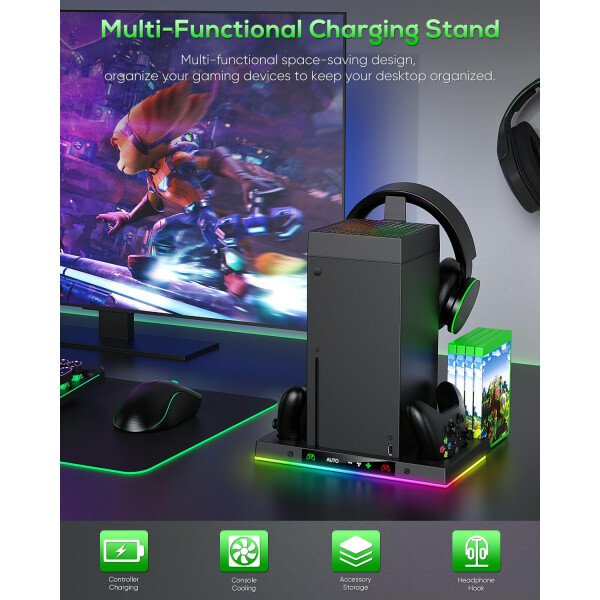 Ventilador de refrigeración automática y soporte de carga para consola Xbox Series X con 15 modos de luz, base de carga dual inalámbrica para controlador XSX, 2 baterías recargables, soporte para - Imagen 7