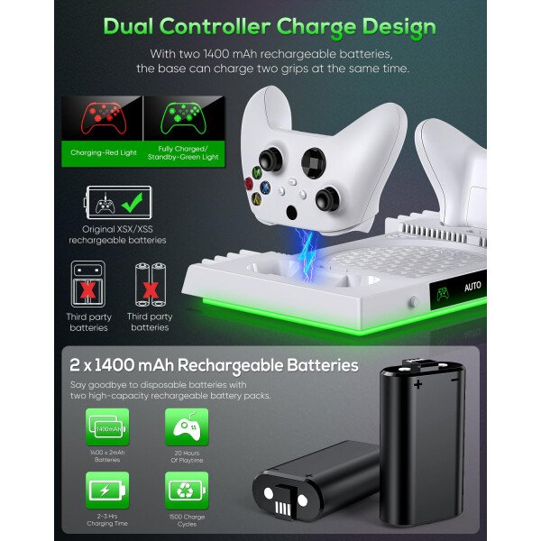 Ventilador de refrigeración automática y soporte de carga para consola Xbox Series X con 15 modos de luz, base de carga dual inalámbrica para controlador XSX, 2 baterías recargables, soporte para - Imagen 9