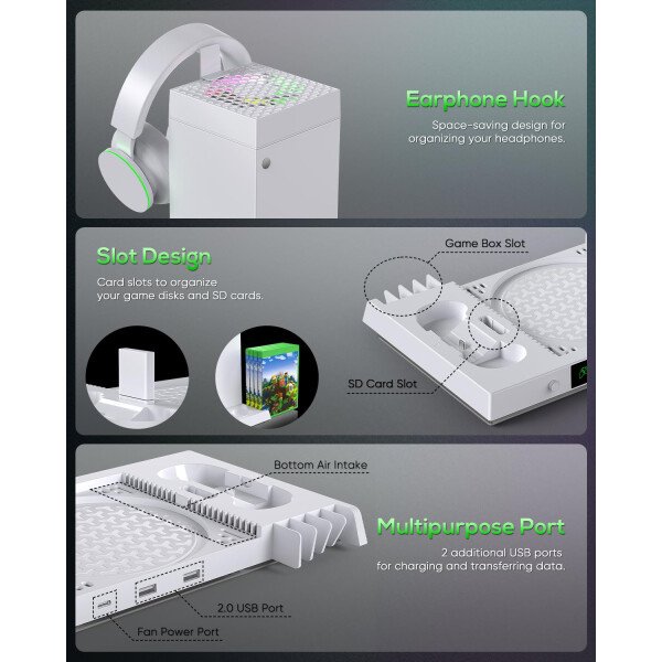 Ventilador de refrigeración automática y soporte de carga para consola Xbox Series X con 15 modos de luz, base de carga dual inalámbrica para controlador XSX, 2 baterías recargables, soporte para - Imagen 13