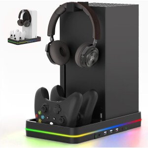 Dual Cooling Fan and Cooling Stand for Xbox Series X/S Console/Controller Dual Controller Charger Station with RGB LED Light & 3 USB Ports,Xbox Series x Accessories with 2 Headphone Hooks