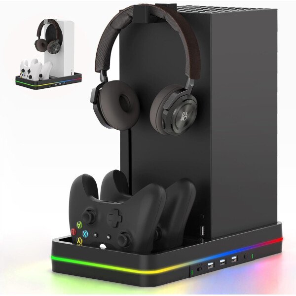 Dual Cooling Fan and Cooling Stand for Xbox Series X/S Console/Controller Dual Controller Charger Station with RGB LED Light & 3 USB Ports,Xbox Series x Accessories with 2 Headphone Hooks