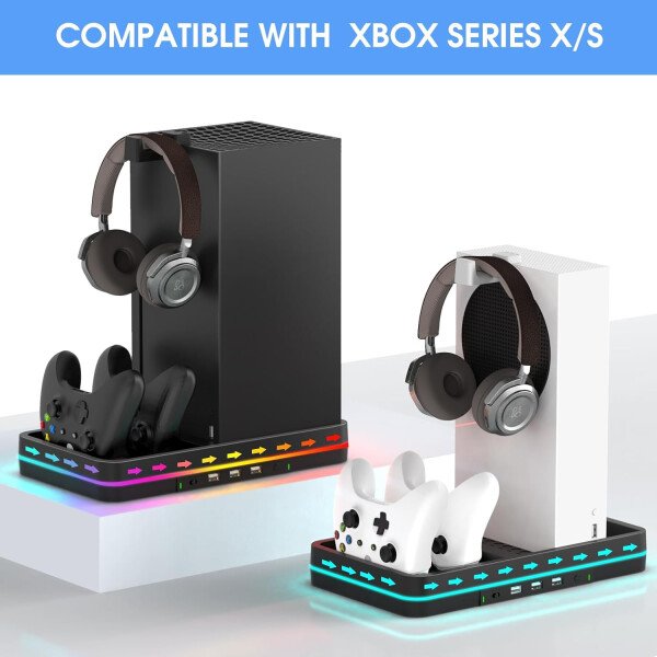 Dual Cooling Fan and Cooling Stand for Xbox Series X/S Console/Controller Dual Controller Charger Station with RGB LED Light & 3 USB Ports,Xbox Series x Accessories with 2 Headphone Hooks - Imagen 2