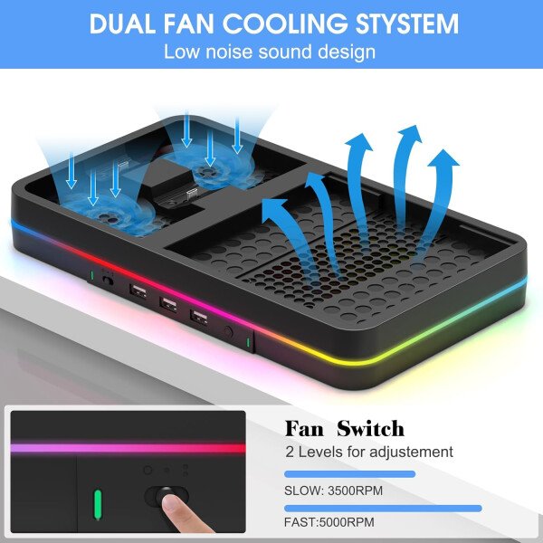 Dual Cooling Fan and Cooling Stand for Xbox Series X/S Console/Controller Dual Controller Charger Station with RGB LED Light & 3 USB Ports,Xbox Series x Accessories with 2 Headphone Hooks - Imagen 3