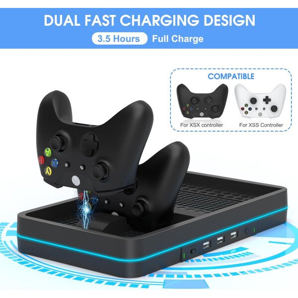 Dual Cooling Fan and Cooling Stand for Xbox Series X/S Console/Controller Dual Controller Charger Station with RGB LED Light & 3 USB Ports,Xbox Series x Accessories with 2 Headphone Hooks - Imagen 5