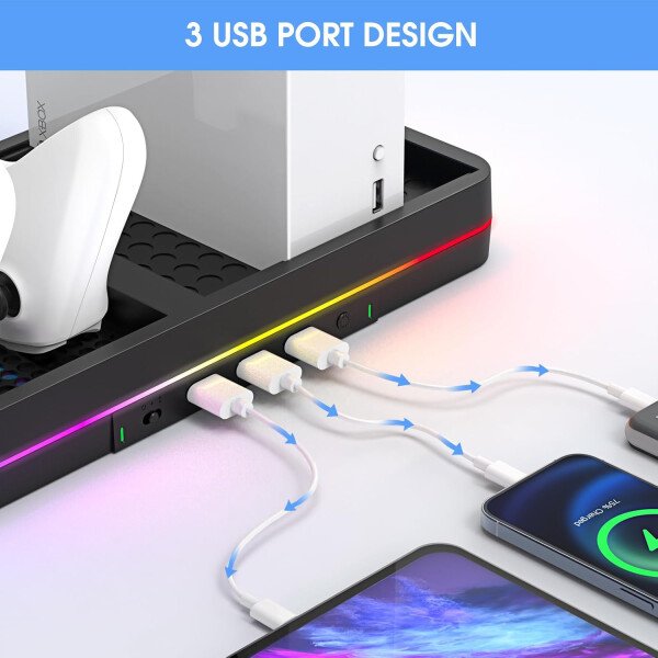 Dual Cooling Fan and Cooling Stand for Xbox Series X/S Console/Controller Dual Controller Charger Station with RGB LED Light & 3 USB Ports,Xbox Series x Accessories with 2 Headphone Hooks - Imagen 6