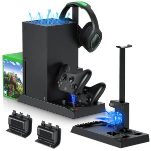 MENEEA Cooling Fan & Charging Stand for Xbox Series X Console & Controller,Vertical Cooler System Dual Charger Station Dock Accessories with 2 x 1400mAh Rechargeable Battery for Xbox Series X
