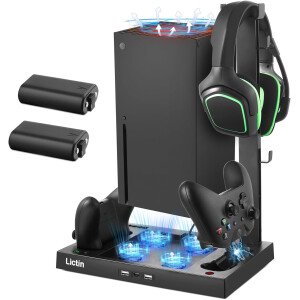 Lictin Estación de carga de ventilador de refrigeración para consola y controlador Xbox Series X, soporte de sistema de ventilador mejorado de 4 enfriadores, estación de carga dual vertical,