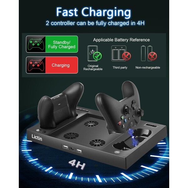 Lictin Estación de carga de ventilador de refrigeración para consola y controlador Xbox Series X, soporte de sistema de ventilador mejorado de 4 enfriadores, estación de carga dual vertical, - Imagen 4