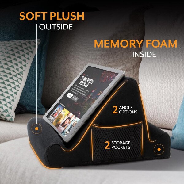 Brookstone - Soporte para tablet de escritorio de espuma viscoelástica, para teléfonos, iPads, lectores de libros electrónicos, 2 ángulos de visión, 2 bolsillos laterales para accesorios, cojín para - Imagen 5