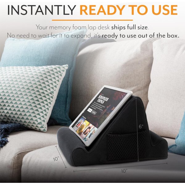 Brookstone - Soporte para tablet de escritorio de espuma viscoelástica, para teléfonos, iPads, lectores de libros electrónicos, 2 ángulos de visión, 2 bolsillos laterales para accesorios, cojín para - Imagen 7