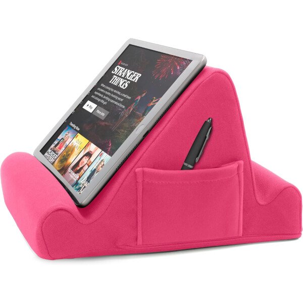 Brookstone - Soporte para tablet de escritorio de espuma viscoelástica, para teléfonos, iPads, lectores de libros electrónicos, 2 ángulos de visión, 2 bolsillos laterales para accesorios, cojín para - Imagen 8