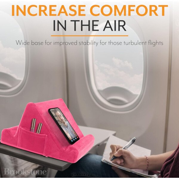 Brookstone - Soporte para tablet de escritorio de espuma viscoelástica, para teléfonos, iPads, lectores de libros electrónicos, 2 ángulos de visión, 2 bolsillos laterales para accesorios, cojín para - Imagen 10