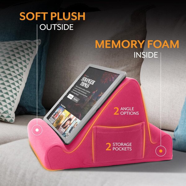 Brookstone - Soporte para tablet de escritorio de espuma viscoelástica, para teléfonos, iPads, lectores de libros electrónicos, 2 ángulos de visión, 2 bolsillos laterales para accesorios, cojín para - Imagen 12