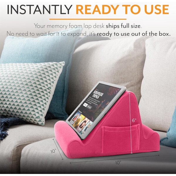 Brookstone - Soporte para tablet de escritorio de espuma viscoelástica, para teléfonos, iPads, lectores de libros electrónicos, 2 ángulos de visión, 2 bolsillos laterales para accesorios, cojín para - Imagen 13