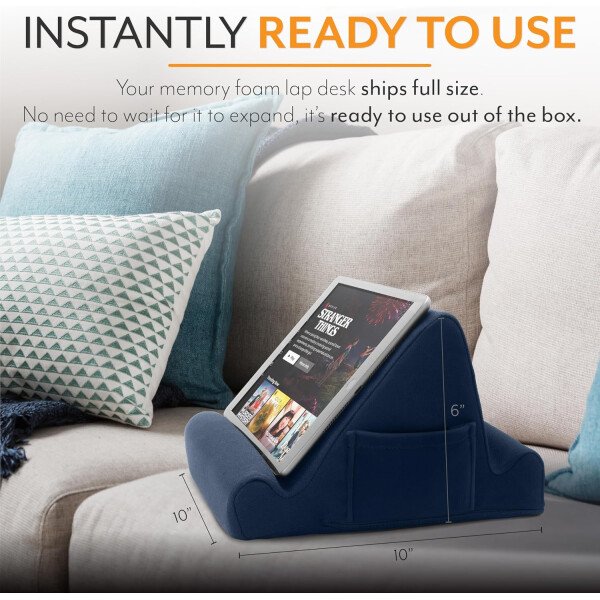 Brookstone - Soporte para tablet de escritorio de espuma viscoelástica, para teléfonos, iPads, lectores de libros electrónicos, 2 ángulos de visión, 2 bolsillos laterales para accesorios, cojín para - Imagen 20