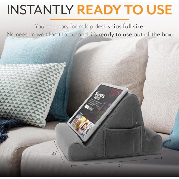Brookstone - Soporte para tablet de escritorio de espuma viscoelástica, para teléfonos, iPads, lectores de libros electrónicos, 2 ángulos de visión, 2 bolsillos laterales para accesorios, cojín para - Imagen 27