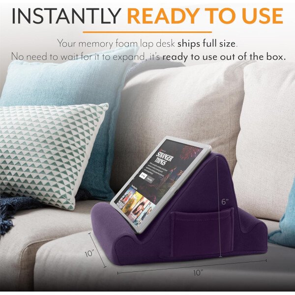 Brookstone - Soporte para tablet de escritorio de espuma viscoelástica, para teléfonos, iPads, lectores de libros electrónicos, 2 ángulos de visión, 2 bolsillos laterales para accesorios, cojín para - Imagen 34