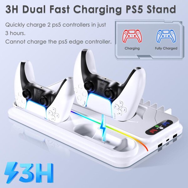 PS5 Cooling Station for PS5/Slim/Pro Disc Digital Console,PS5 Fan Cooling Fan with Dual PS 5 Controller Charger,3 Level Fan, RGB Light,12 Slot, PS5/Slim/Pro Stand for PlayStation 5 Console Accessories - Imagen 2