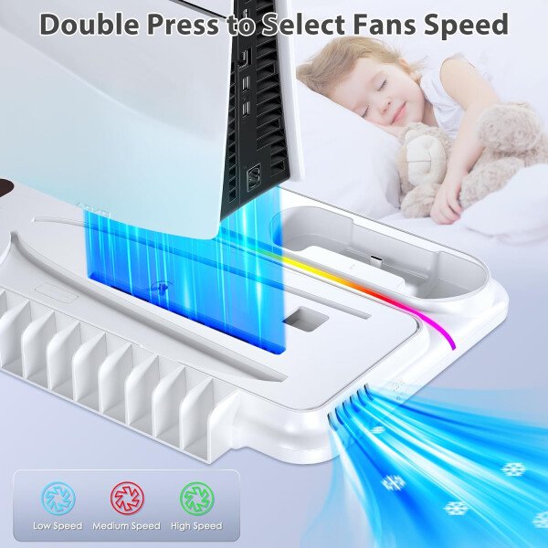 PS5 Cooling Station for PS5/Slim/Pro Disc Digital Console,PS5 Fan Cooling Fan with Dual PS 5 Controller Charger,3 Level Fan, RGB Light,12 Slot, PS5/Slim/Pro Stand for PlayStation 5 Console Accessories - Imagen 3